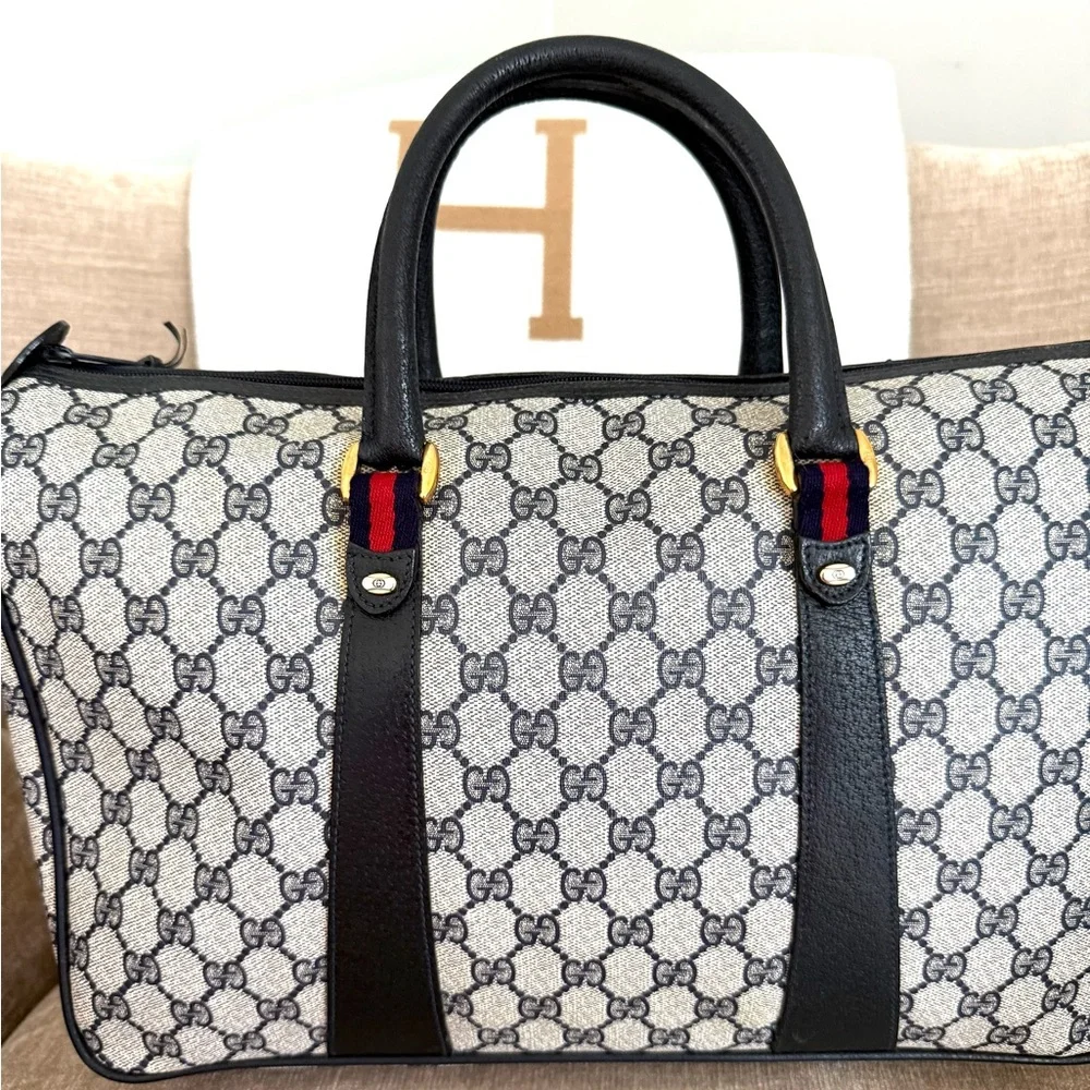 Authentic Gucci GG Supreme coated canvas  Boston Bag Satchel navy grey canvas